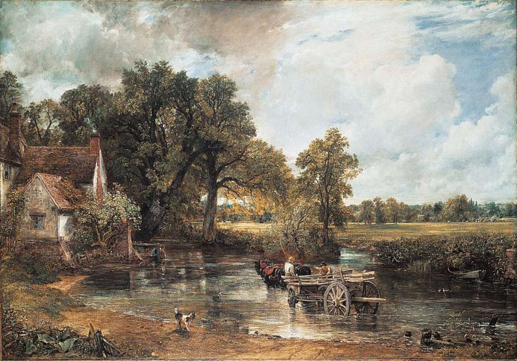 London National Gallery Top 20 14 John Constable - The Hay Wain John Constable - The Haywain, 1821, 130 � 185 cm. This painting was voted #2 in the 2005 BBC Greatest Painting in Britain Poll. A horse drawing a cart (haywain) is wading through the clear water of the river, while a dog is watching the cart draw past. On the right a figure in the bushes is mooring a boat while to the left an old farmhouse is almost completely hidden by trees and bushes. The weather conditions show an overcast sky that promises a rapid succession of rain and sunshine.